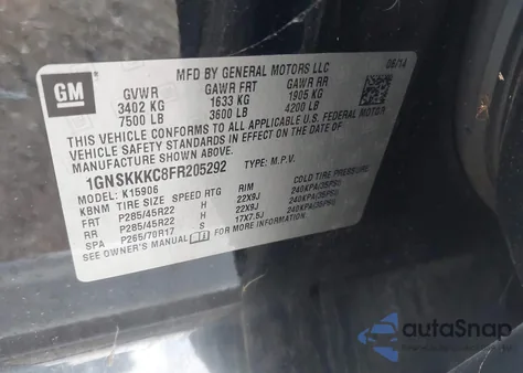 2015 Chevrolet Suburban 1500 Ltz из США, поврежденный, VIN 1GNSKKKC8FR205292